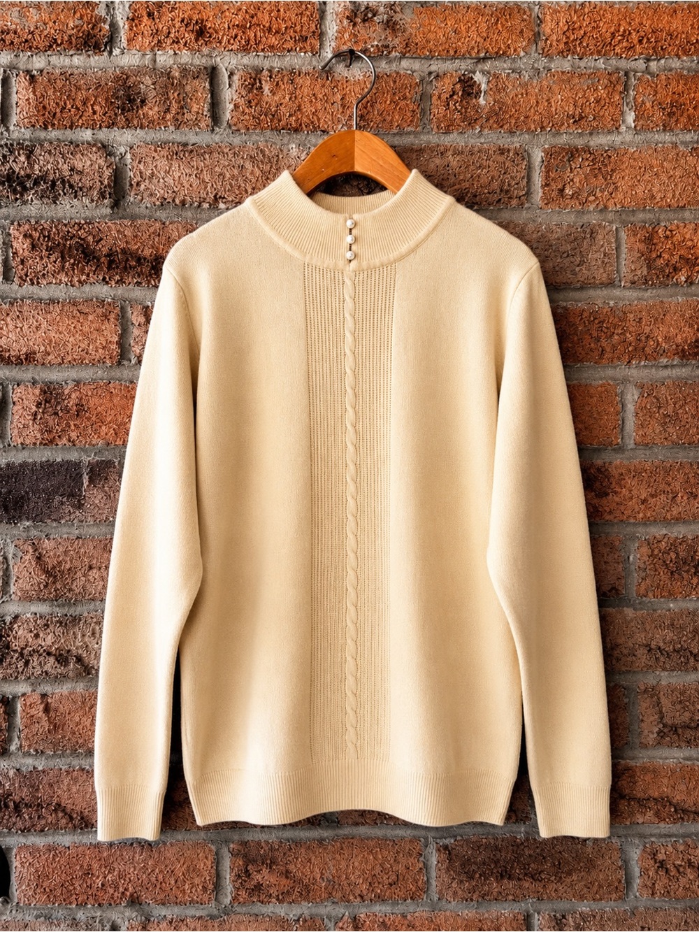 CARROLL REED Vintage Cream Cable Knit Mock Neck Pearl Button Sweater M